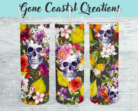 Floral Skull patterned tumbler, gift for her, mothers day gift, Gothic gift, Chic drinkware - Gone Coastal Creations - Mugs & Tumblers