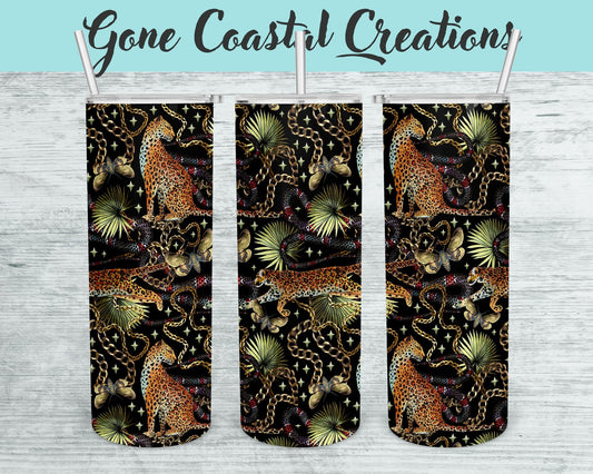 Leopard in Jungle with Gold Chain Patterned tumbler, gift for her, mothers day gift - Gone Coastal Creations - Mugs & Tumblers