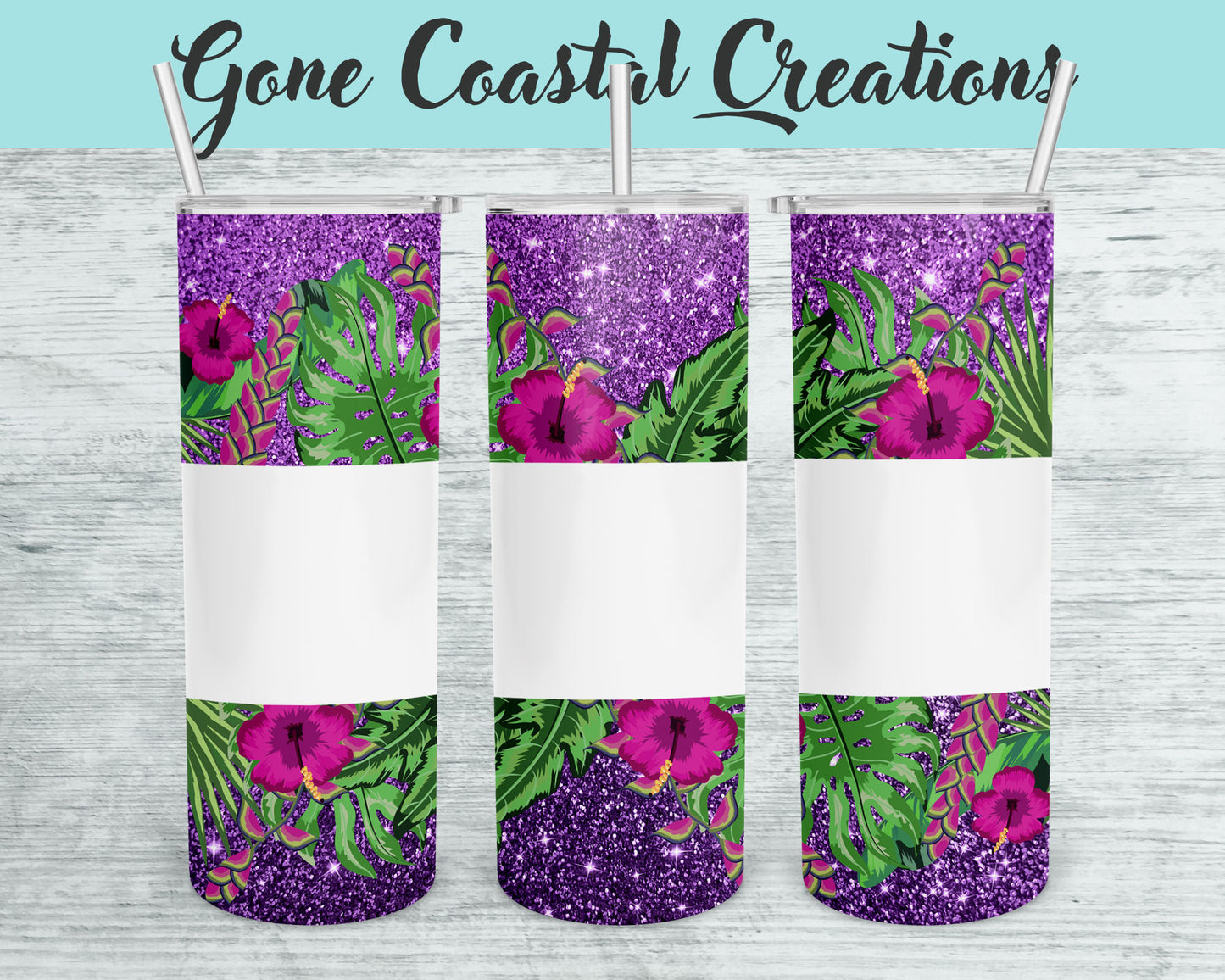 Tropical Floral Print Photo with Purple Glitter Tumbler - a unique gift this holiday