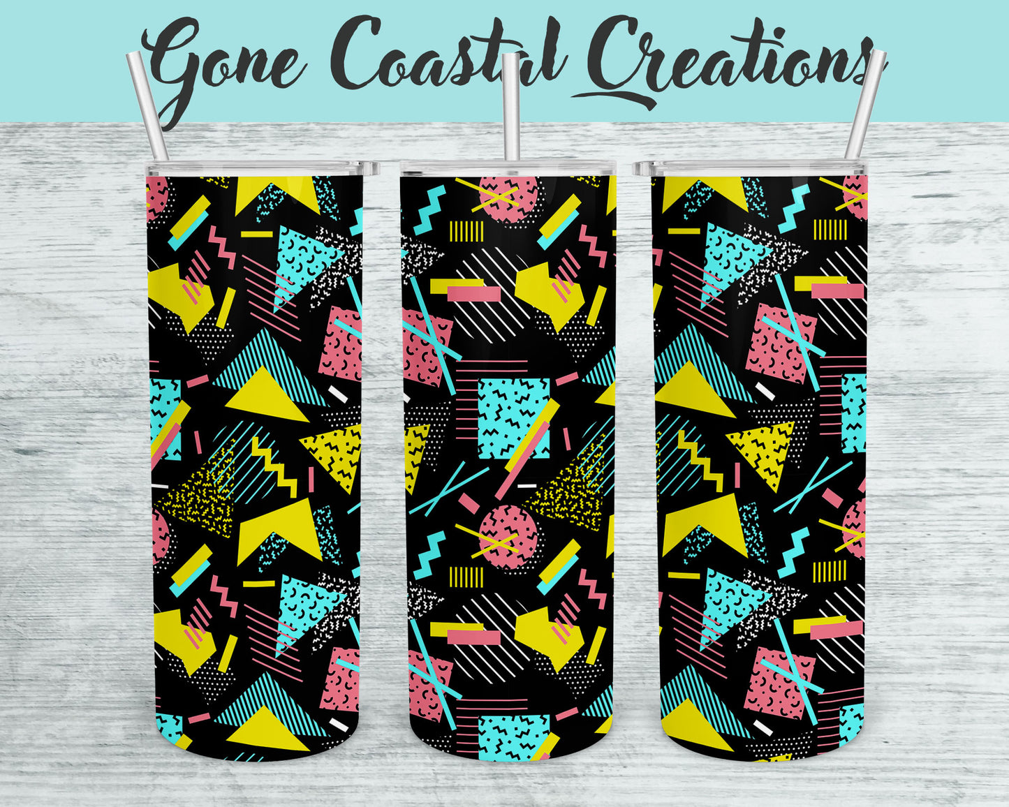 Teal Pink and Yellow Abstract Shape Patterned tumbler, gift for her, mothers day gift