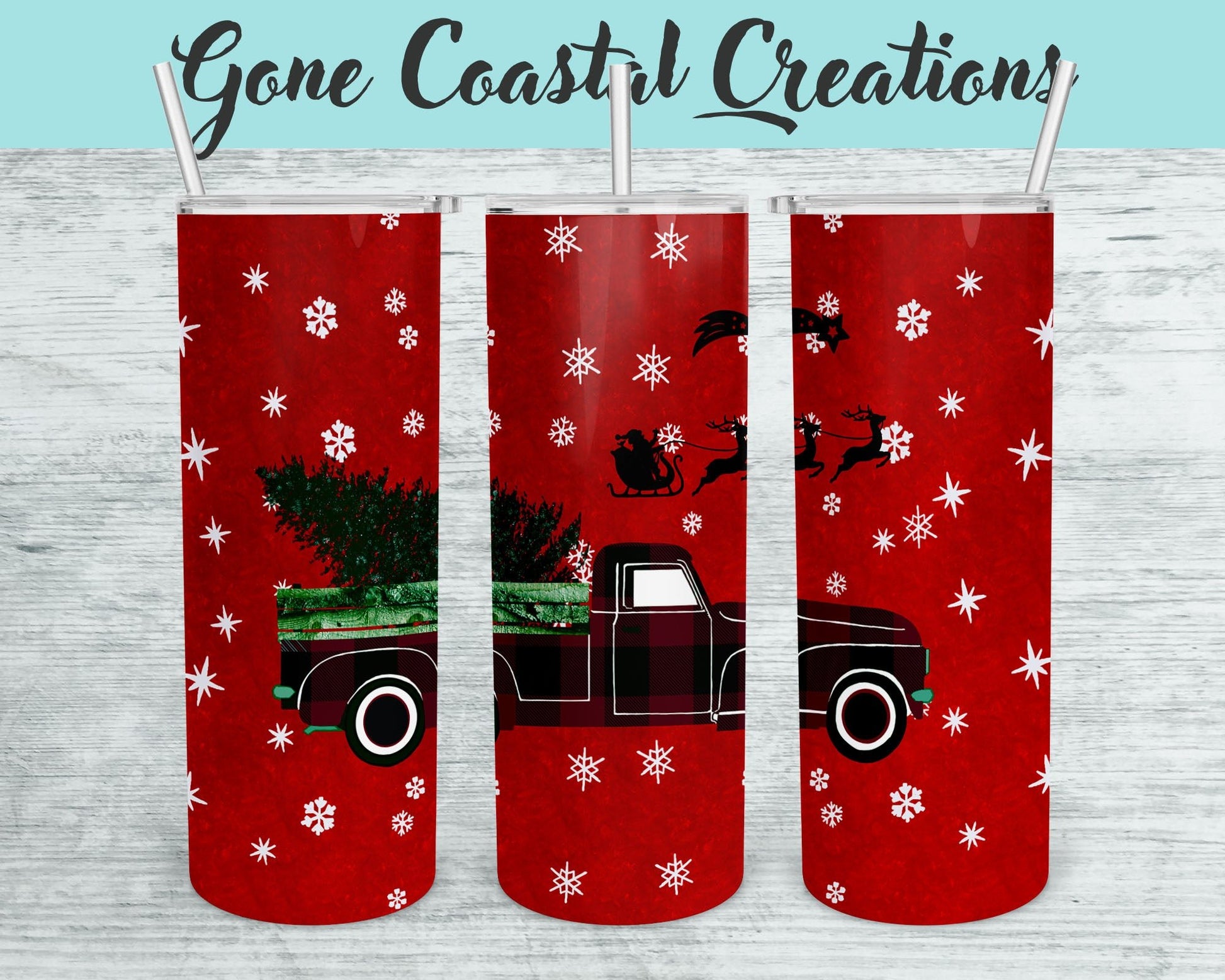 Antique Truck with Christmas Tree Red Snow Flake Themed Tumbler - a unique gift this holiday - Gone Coastal Creations - Mugs & Tumblers