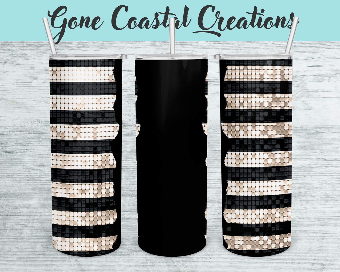 Black and Cream Striped Rhinestone Accented Tumbler - a unique gift this holiday - Gone Coastal Creations - Mugs & Tumblers