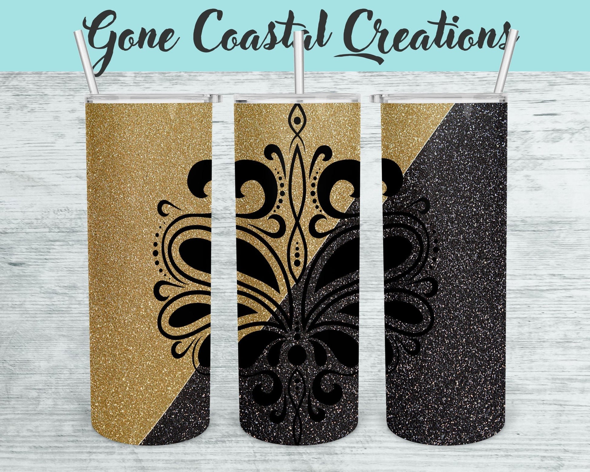 Black and Gold Glitter Fleur de Lis Patterned Tumbler - a unique gift this holiday - Gone Coastal Creations - Mugs & Tumblers