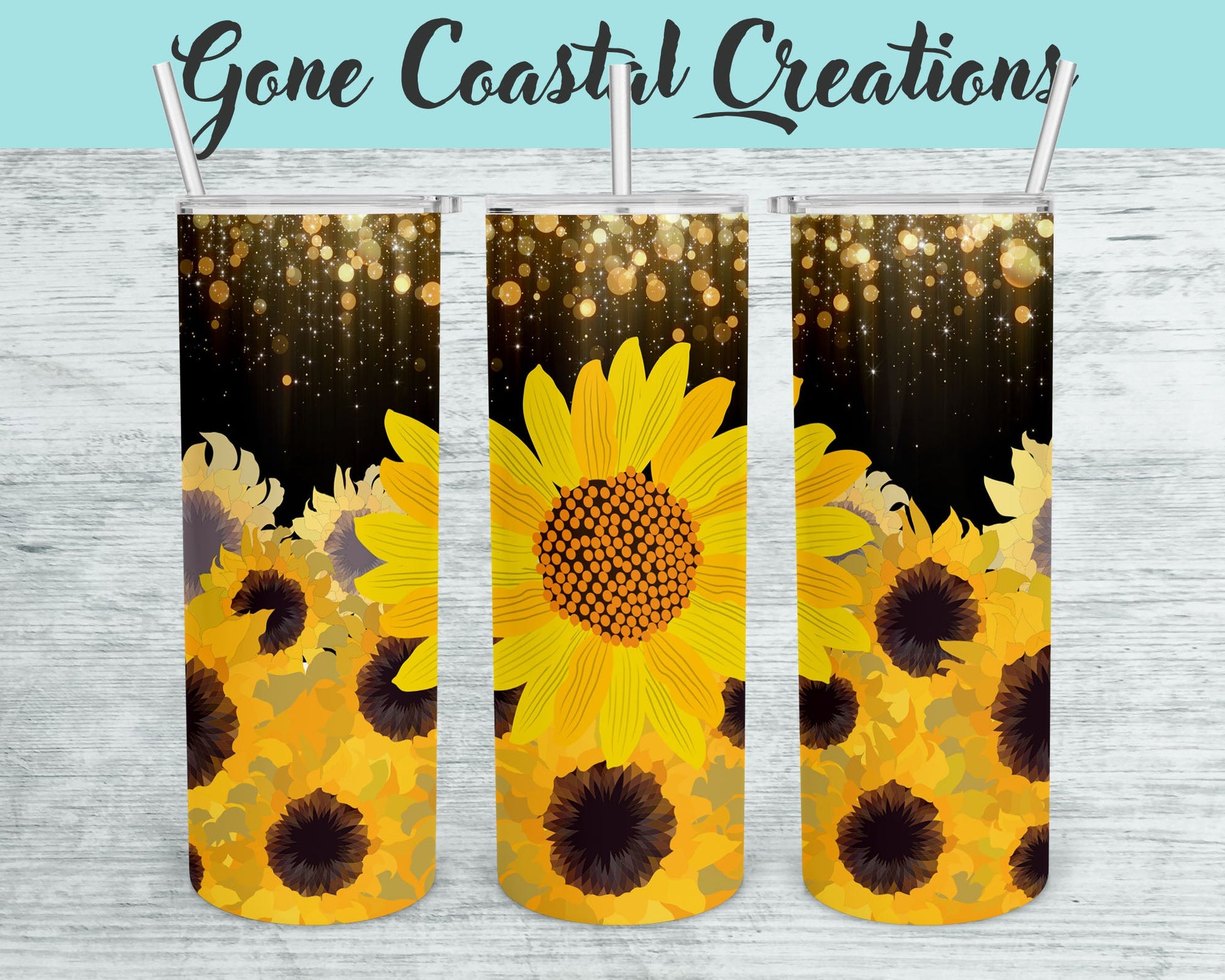 Black and Gold Glitter Sunflower Patterned Tumbler - a unique gift this holiday - Gone Coastal Creations - Mugs & Tumblers