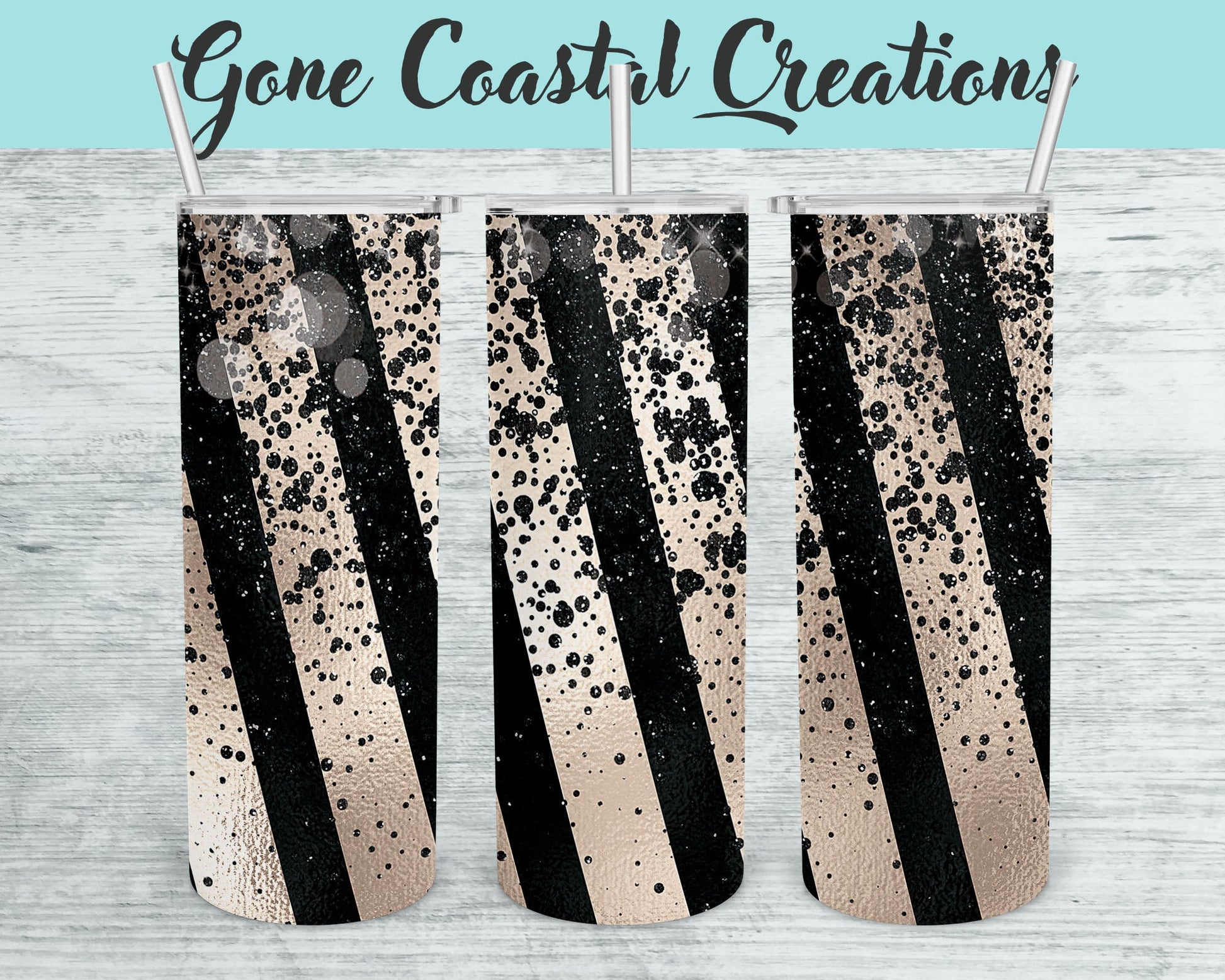 Black and Gold Stripe Sparkly Tumbler - a unique gift this holiday - Gone Coastal Creations - Mugs & Tumblers