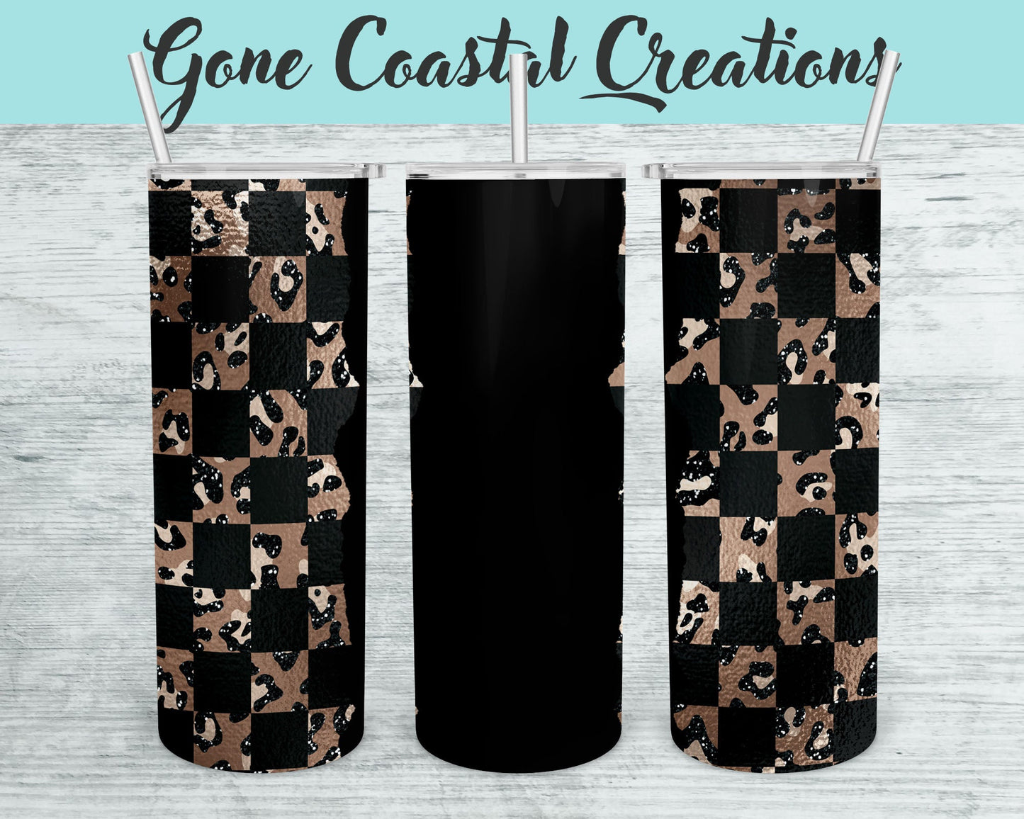 Black and Leopard Print Leather Inspired Checkered Pattern Tumbler - a unique gift this holiday - Gone Coastal Creations - Mugs & Tumblers