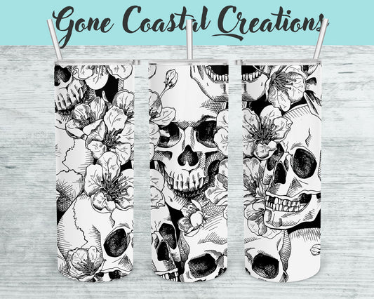 Black and White Skull with Flowers pattern tumbler, gift for her, mothers day gift - Gone Coastal Creations - Mugs & Tumblers