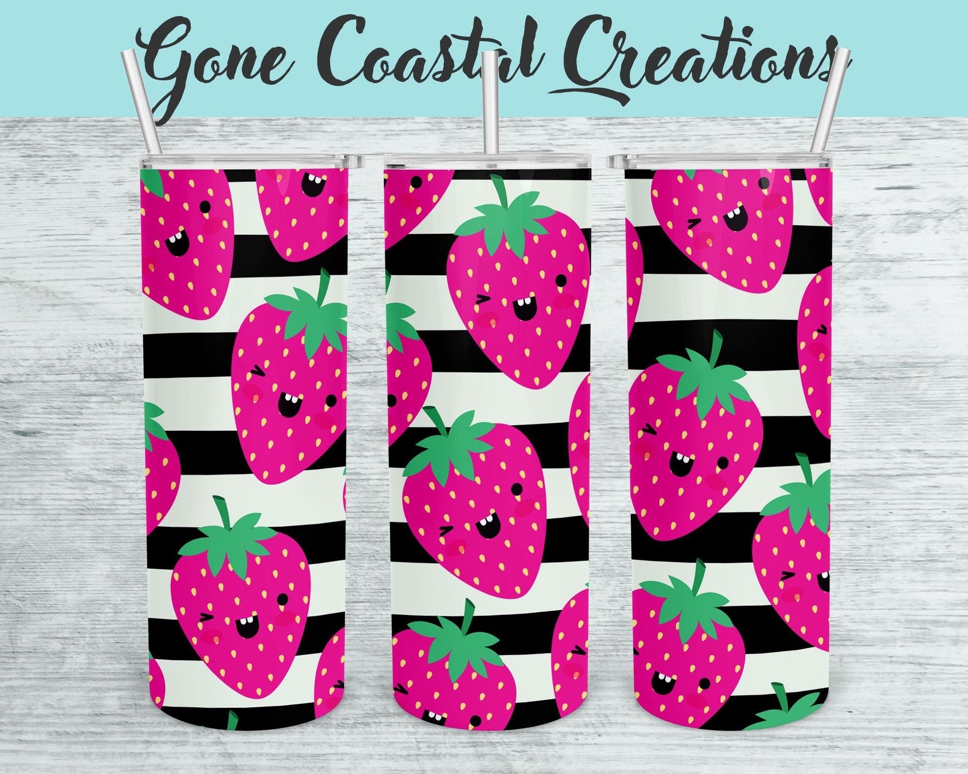 Black and White Stripes with Strawberries Patterned Tumbler - a unique gift this holiday - Gone Coastal Creations - Mugs & Tumblers