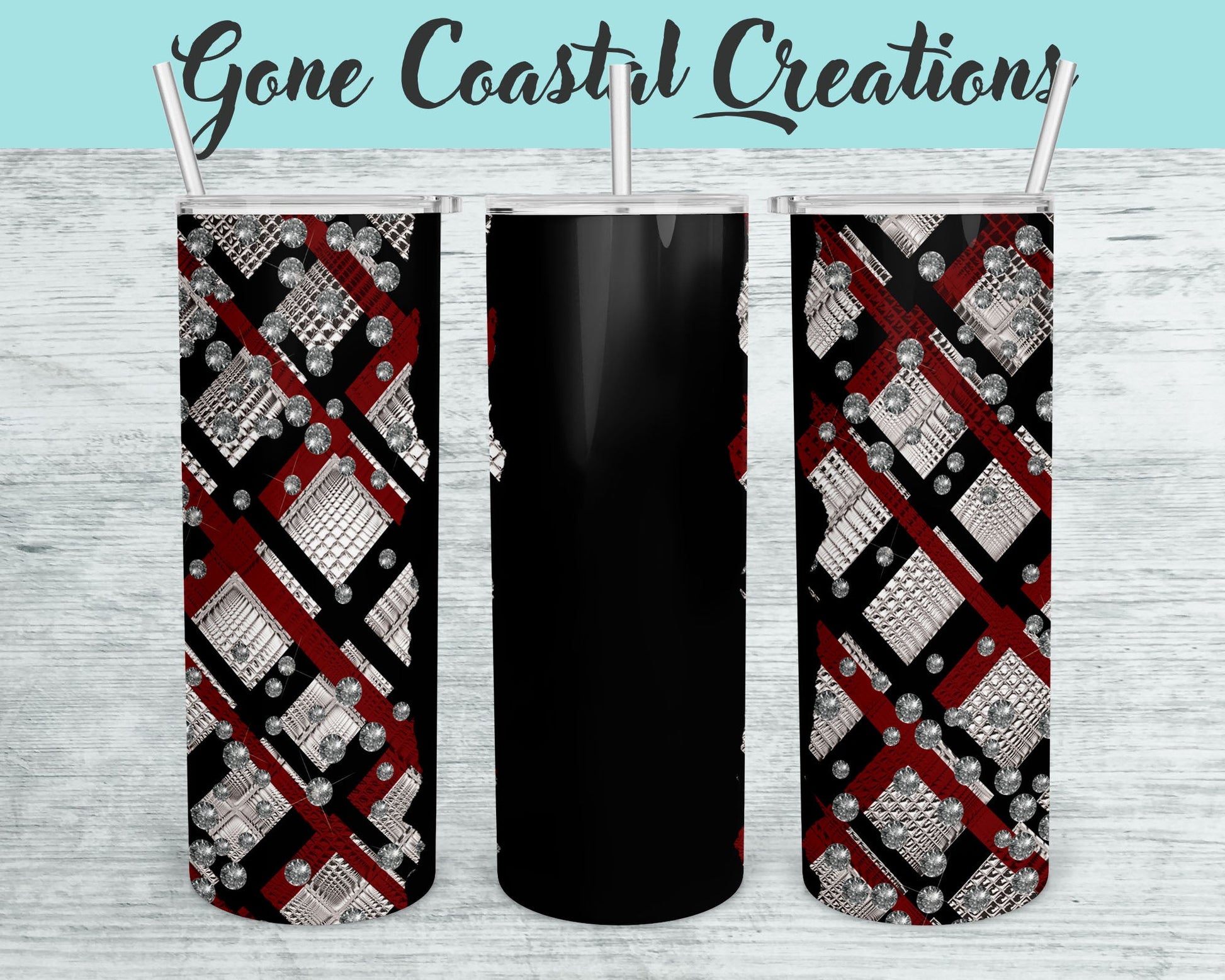 Black Red and Silver Plaid Pattern with Rhinestone Accent Tumbler - a unique gift this holiday - Gone Coastal Creations - Mugs & Tumblers