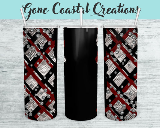 Black Red and Silver Plaid Pattern with Rhinestone Accent Tumbler - a unique gift this holiday - Gone Coastal Creations - Mugs & Tumblers