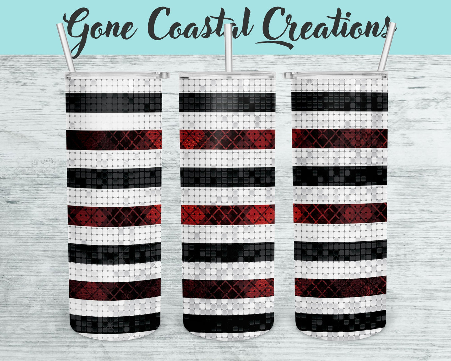 Black Silver and Red Striped Rhinestone Pattern Tumbler - a unique gift this holiday - Gone Coastal Creations - Mugs & Tumblers