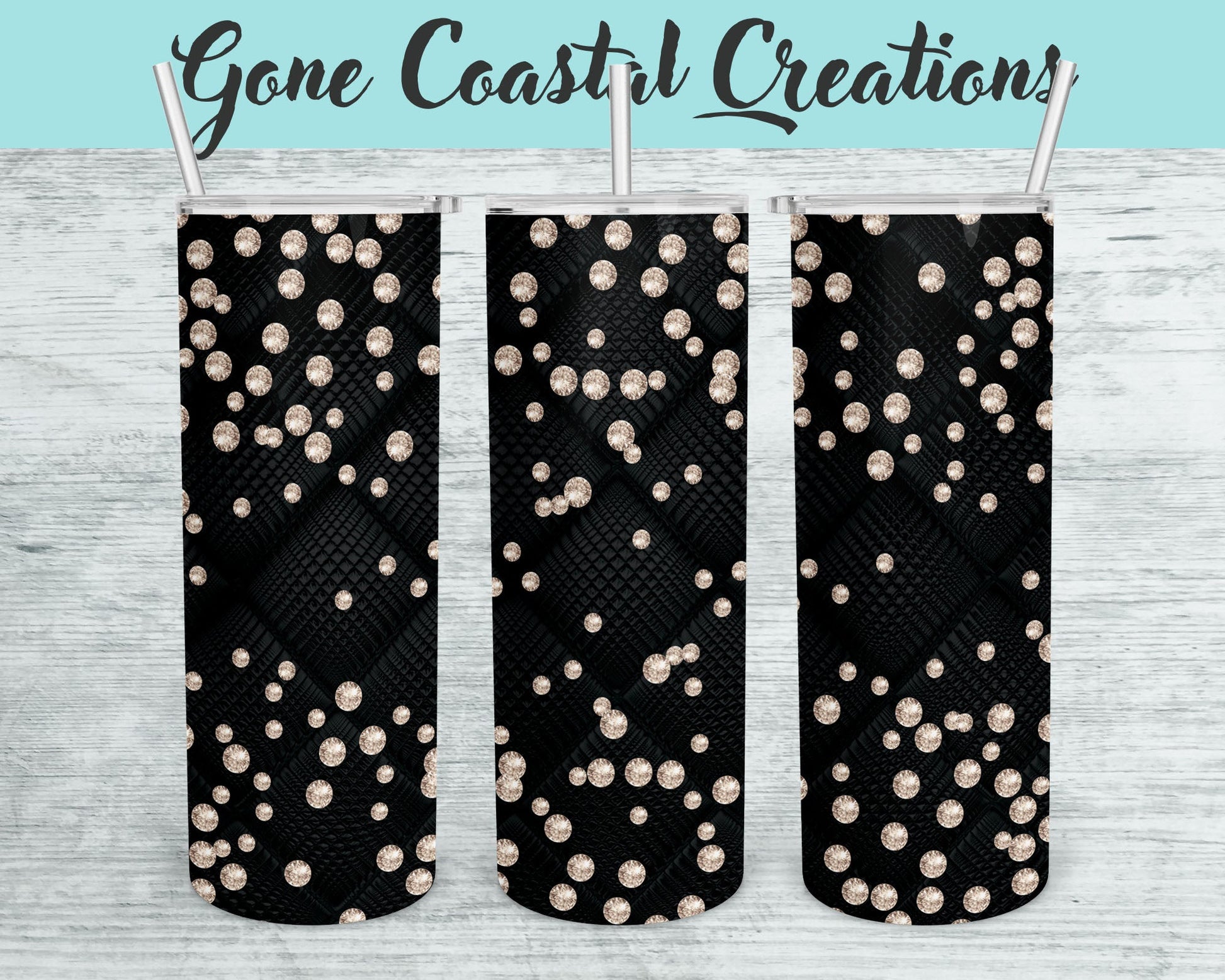 Black Textured Pattern with Gold Rhinestone Accents Tumbler - a unique gift this holiday - Gone Coastal Creations - Mugs & Tumblers