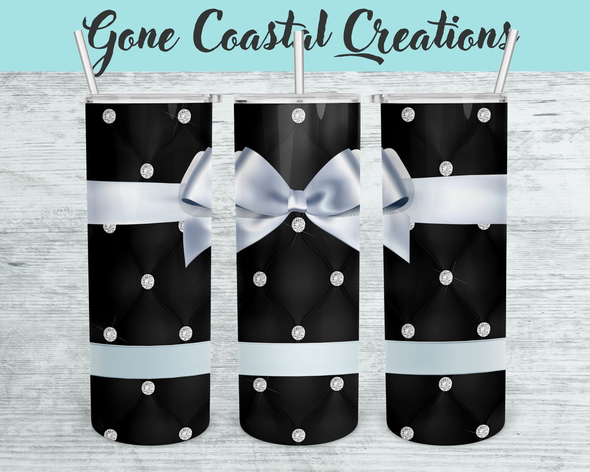 Black Tufted Pattern with Silver Bow and Rhinestone Accents Tumbler - a unique gift this holiday - Gone Coastal Creations - Mugs & Tumblers