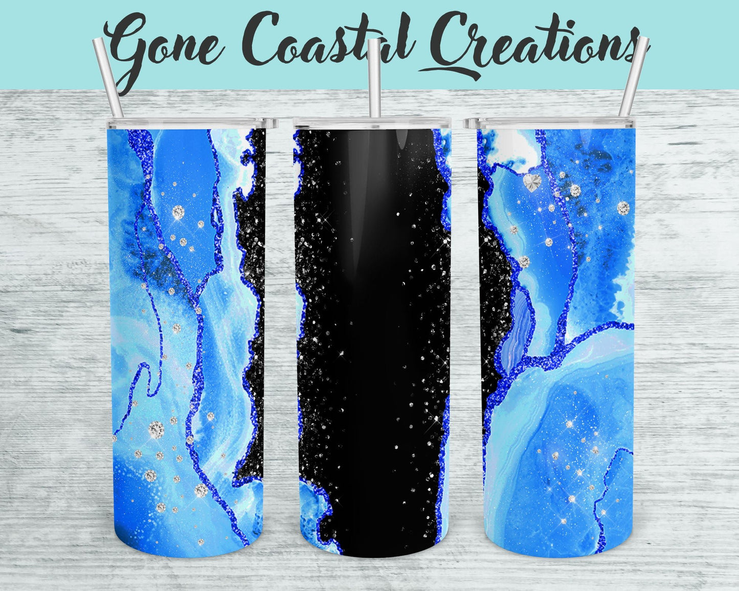 Blue and Black Geode Pattern with Diamond Accents Tumbler - a unique gift this holiday - Gone Coastal Creations - Mugs & Tumblers