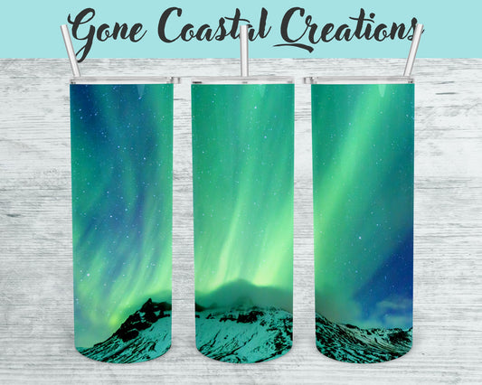 Blue and Green Northern Lights over Mountain Tumbler - a unique gift this holiday - Gone Coastal Creations - Mugs & Tumblers