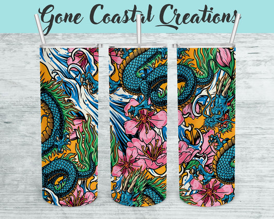 Blue Dragon and flower pattern tumbler, gift for her, mothers day gift - Gone Coastal Creations - Mugs & Tumblers