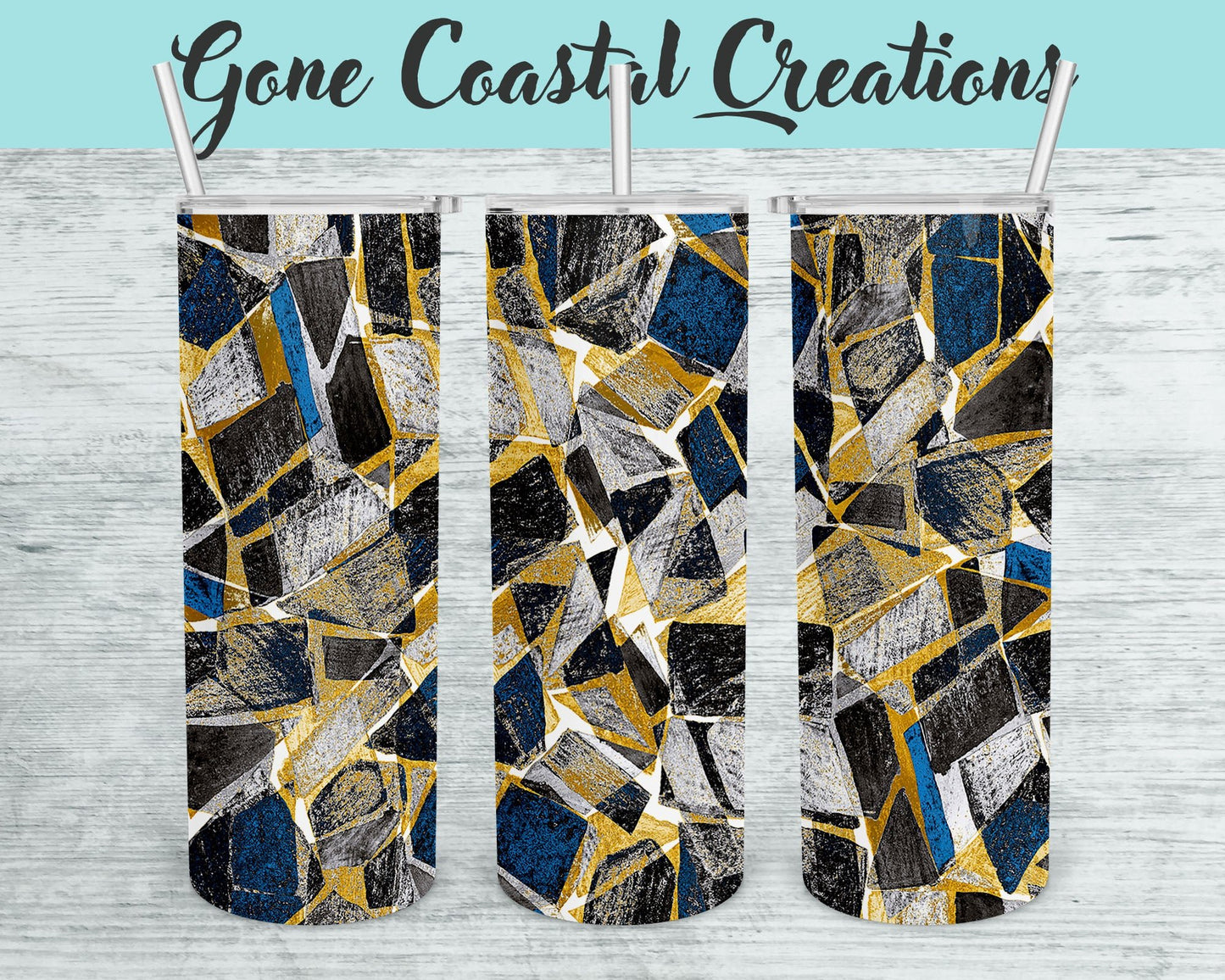 Blue, Gold, Silver, and Black Cracked Glass pattern tumbler, gift for her, mothers day gift - Gone Coastal Creations - Mugs & Tumblers