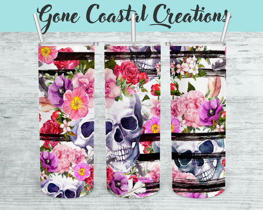 Boho flowers and Skull patterned tumbler, gift for her, mothers day gift, Gothic gift - Gone Coastal Creations - Mugs & Tumblers