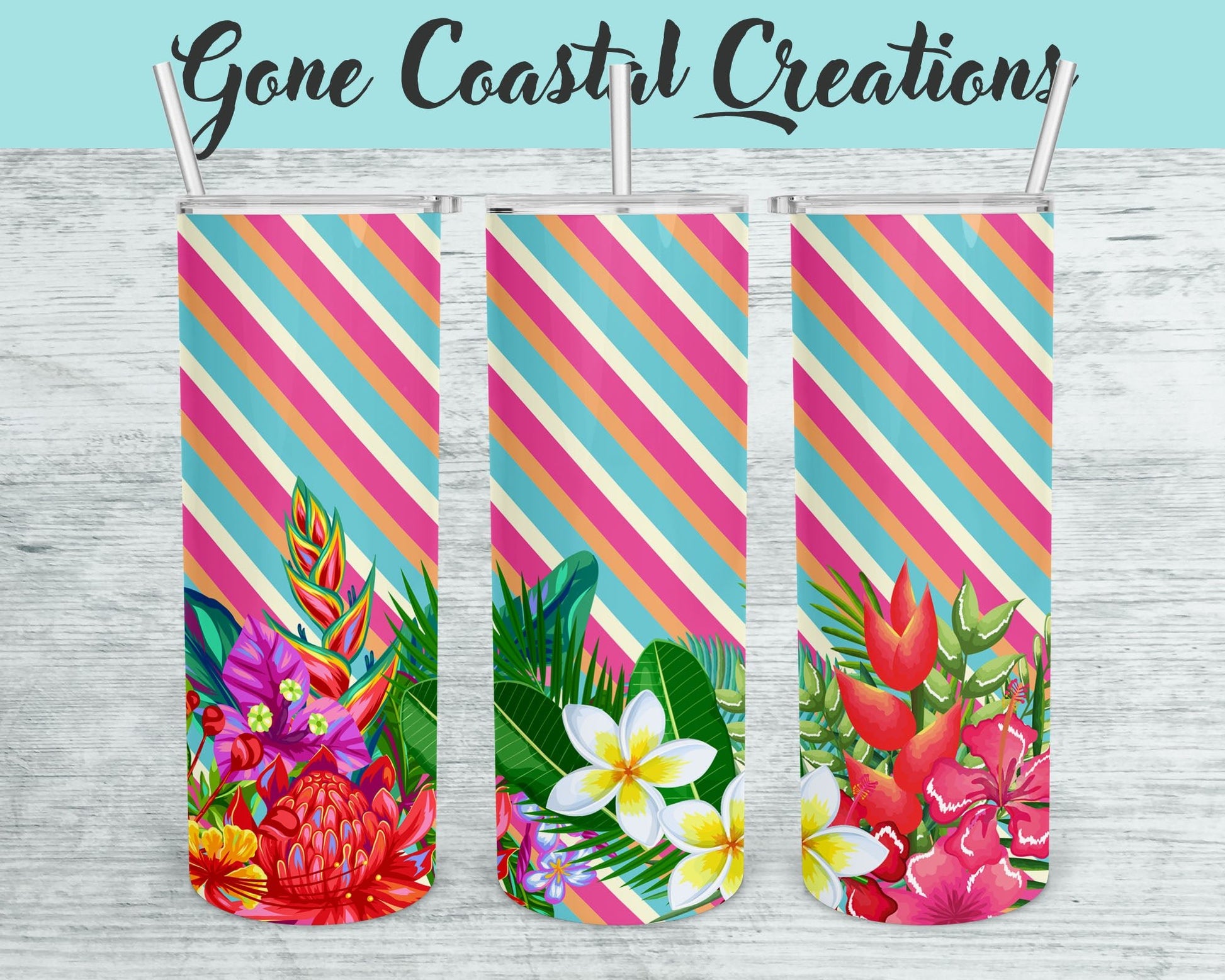 Bright Tropical Flowers on Striped Patterned Tumbler - a unique gift this holiday - Gone Coastal Creations - Mugs & Tumblers