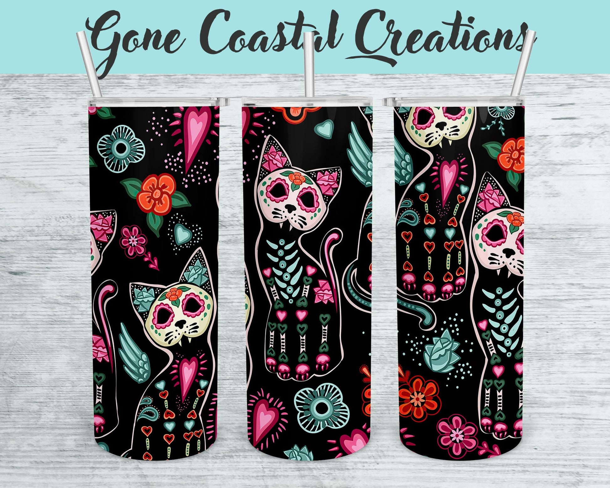 Cinco De Mayo Cat Themed Tumbler - for the cat lover, calavera cats, sugar skills - Gone Coastal Creations - Mugs & Tumblers