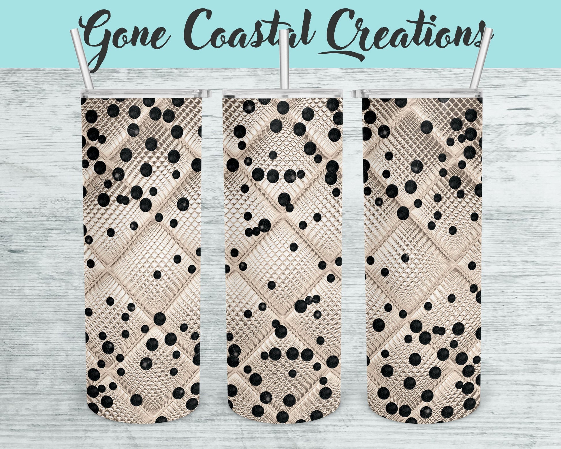 Cream Textured Pattern with Black Rhinestone Accents Tumbler - a unique gift this holiday - Gone Coastal Creations - Mugs & Tumblers