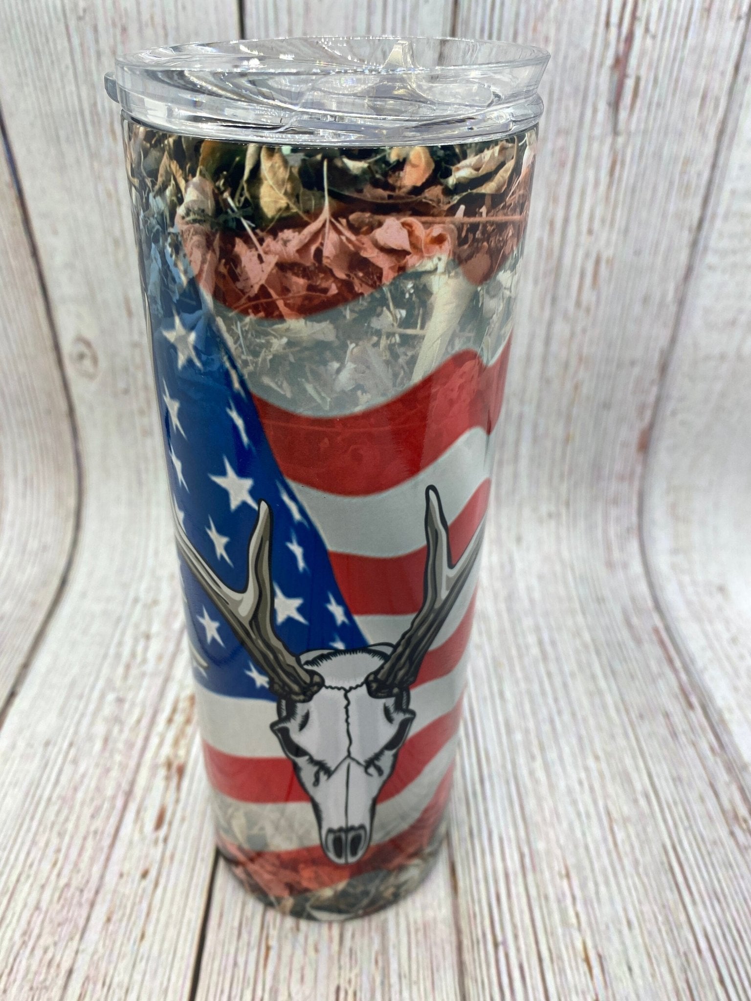 Custom American Flag with Deer Skull insulated tumbler for the hunter - Gone Coastal Creations - Mugs & Tumblers