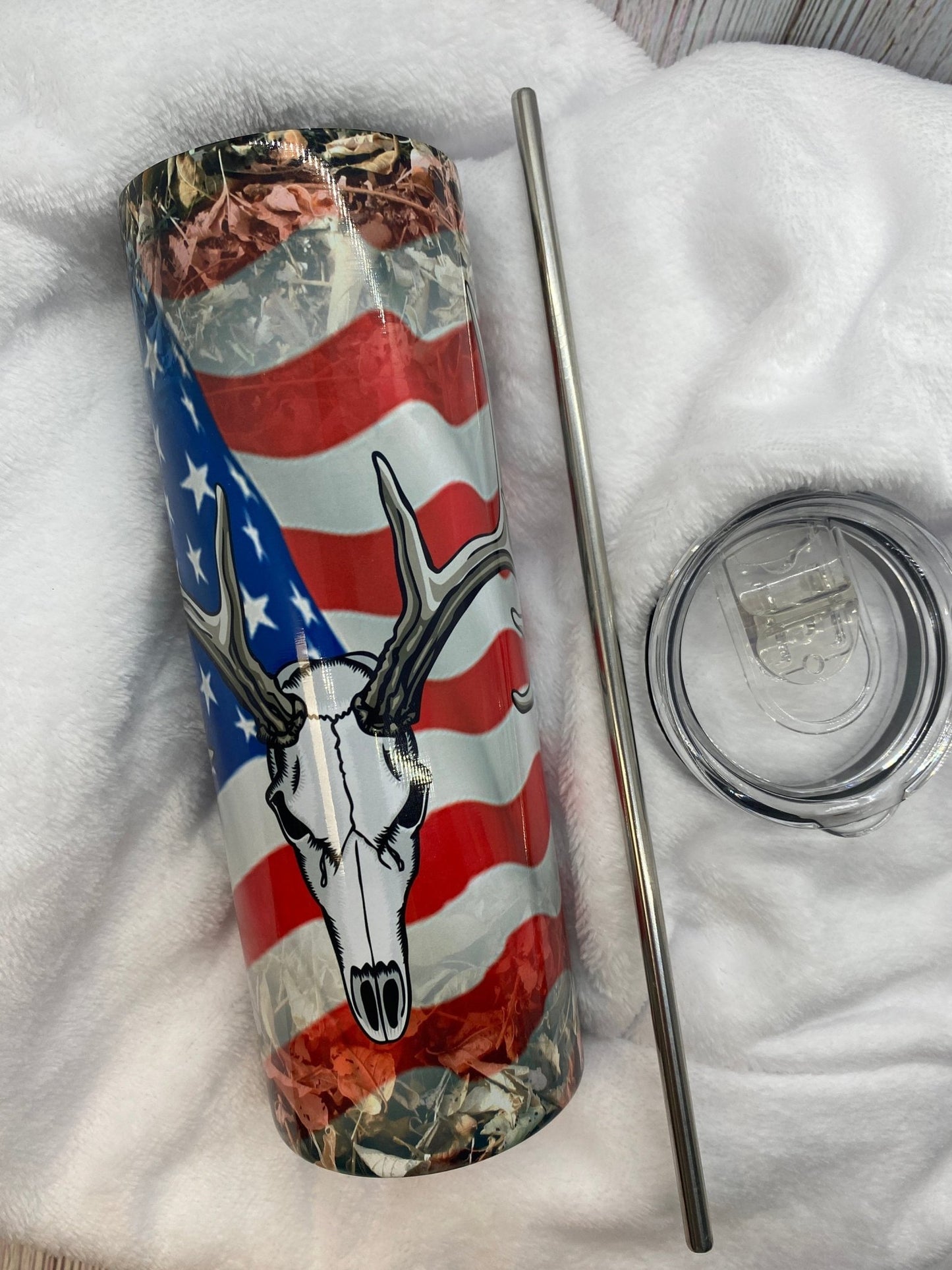 Custom American Flag with Deer Skull insulated tumbler for the hunter - Gone Coastal Creations - Mugs & Tumblers