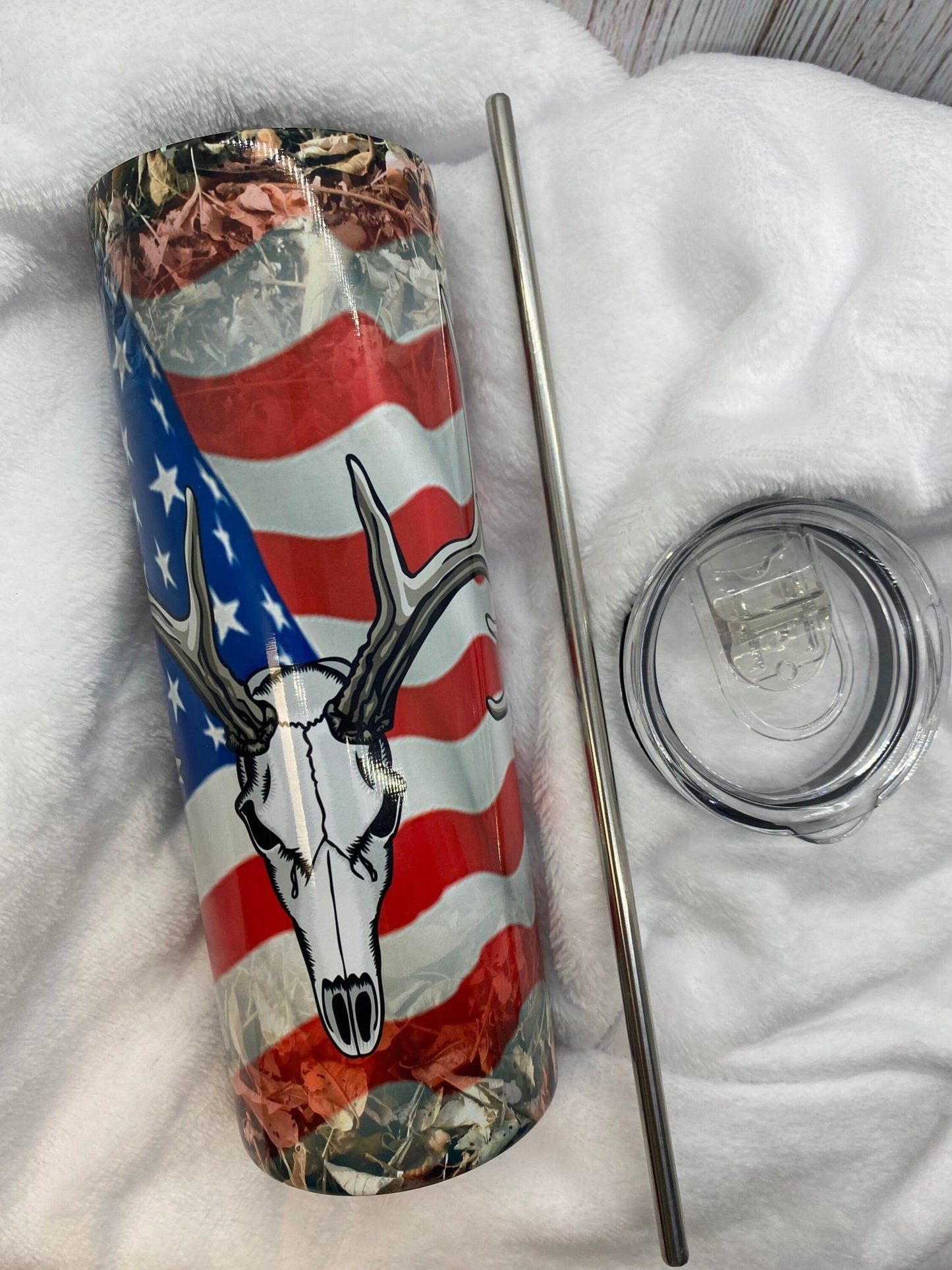 Custom American Flag with Deer Skull insulated tumbler for the hunter - Gone Coastal Creations - Mugs & Tumblers