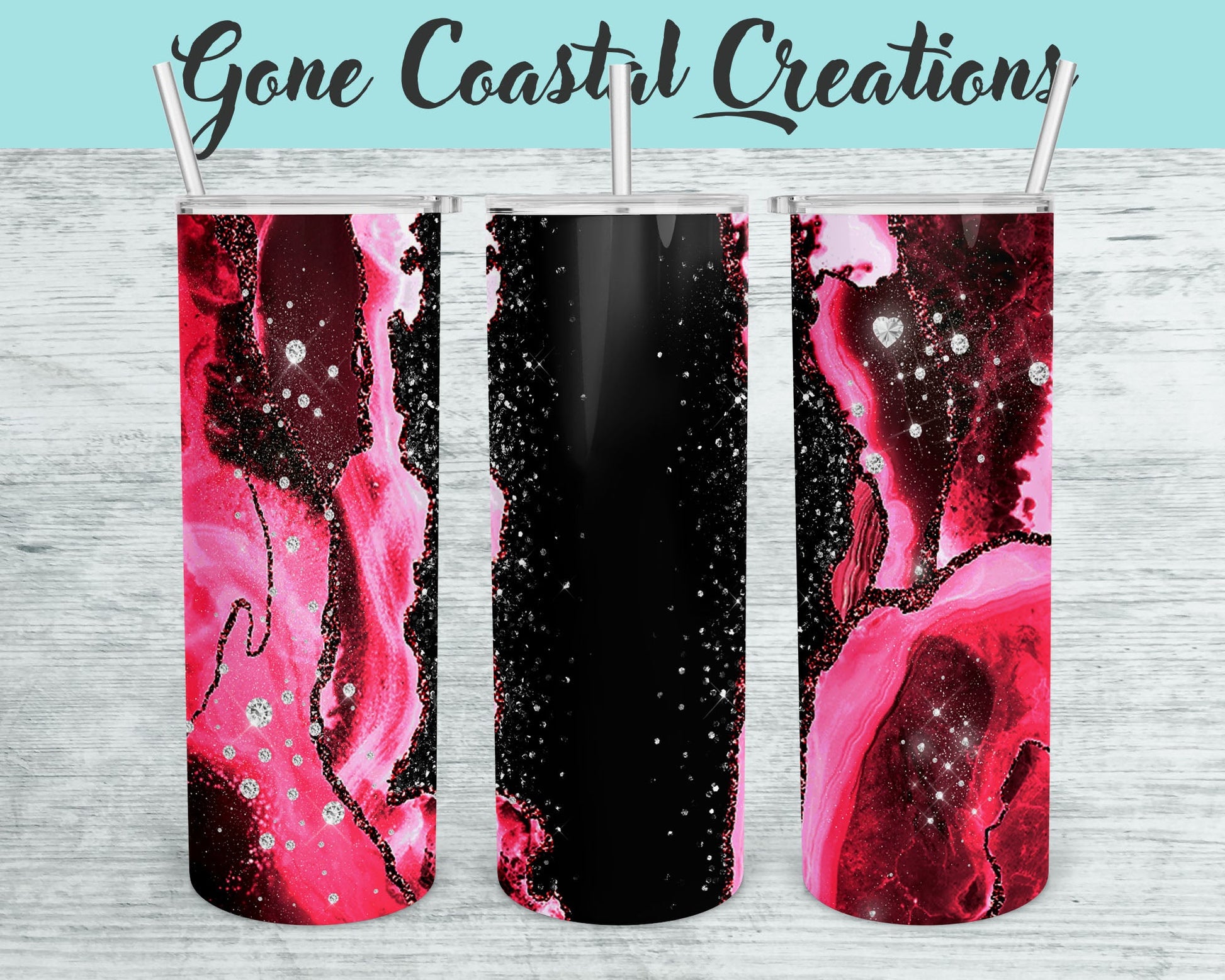 Dark Pink and Black Geode Pattern with Diamond Accents Tumbler - a unique gift this holiday - Gone Coastal Creations - Mugs & Tumblers