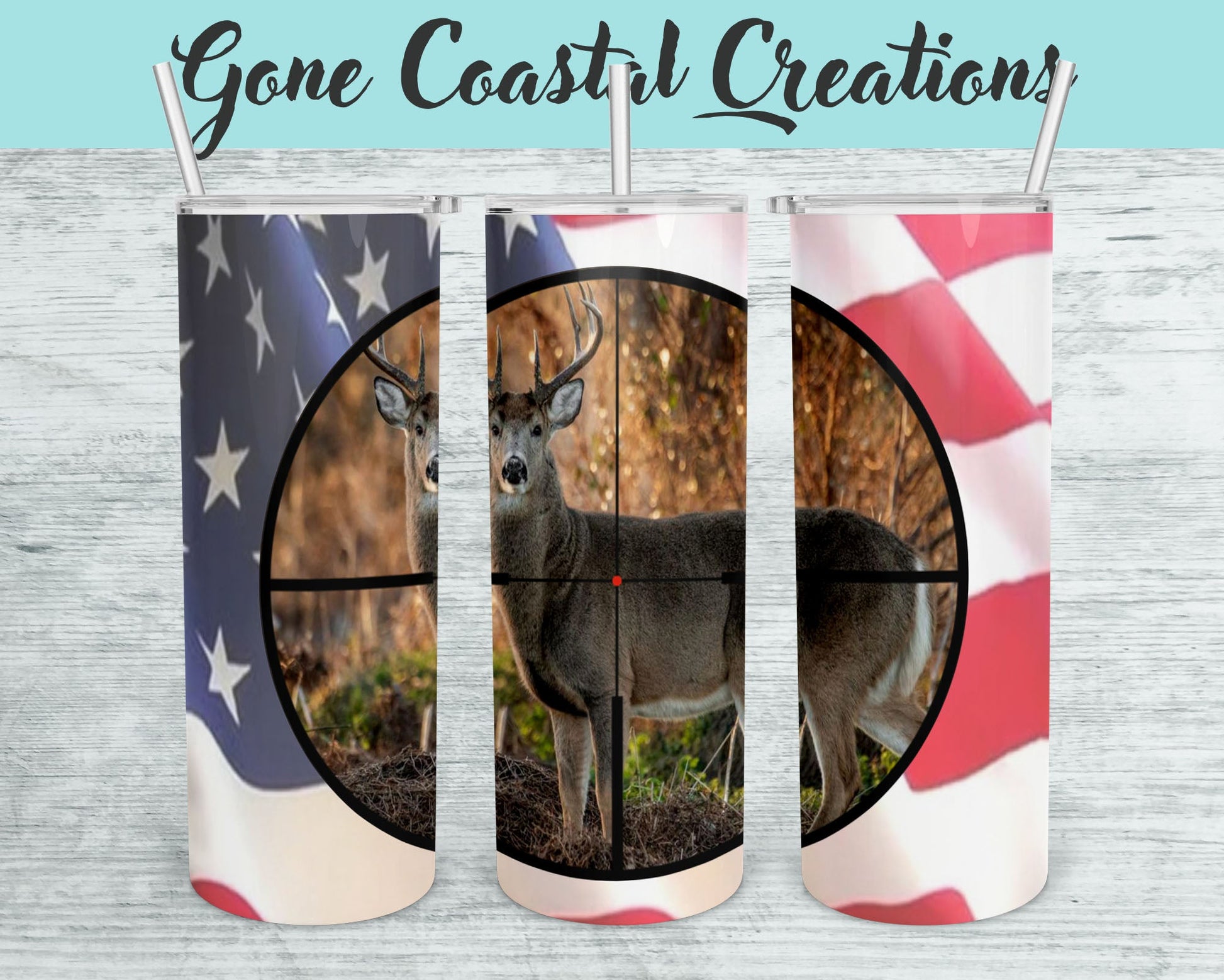 Deer in Cross Hairs with American Flag Background - a unique gift this holiday for Hunter - Gone Coastal Creations - Mugs & Tumblers