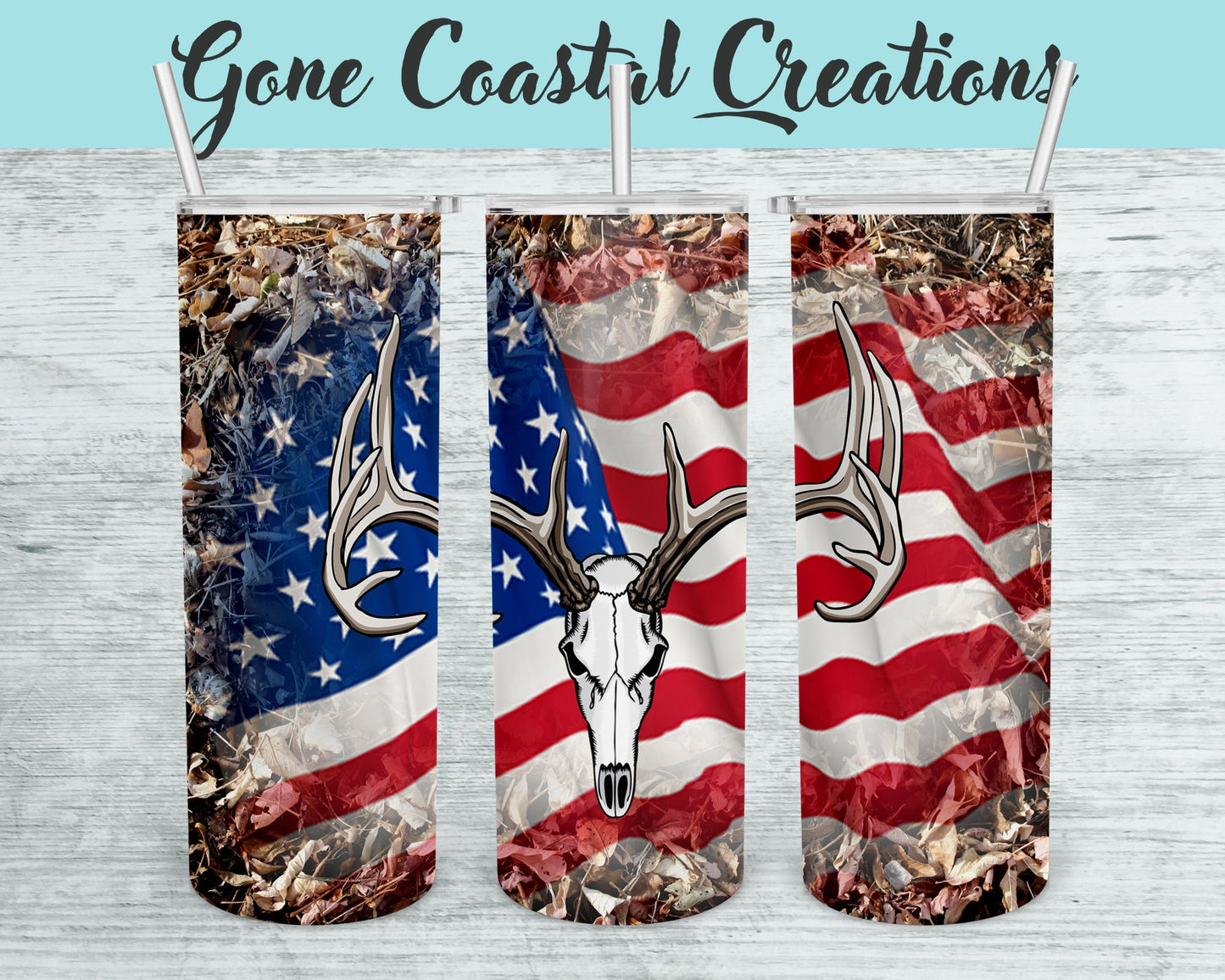 Deer Skull with American Flag on Camouflaged Background Tumbler - a unique gift this holiday - Gone Coastal Creations - Mugs & Tumblers