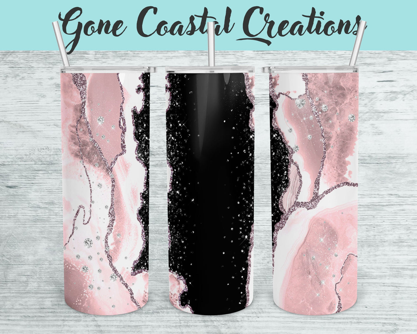 Dusty Rose Marbled and Black Geode Pattern with Diamond Accents Tumbler - a unique gift this holiday - Gone Coastal Creations - Mugs & Tumblers