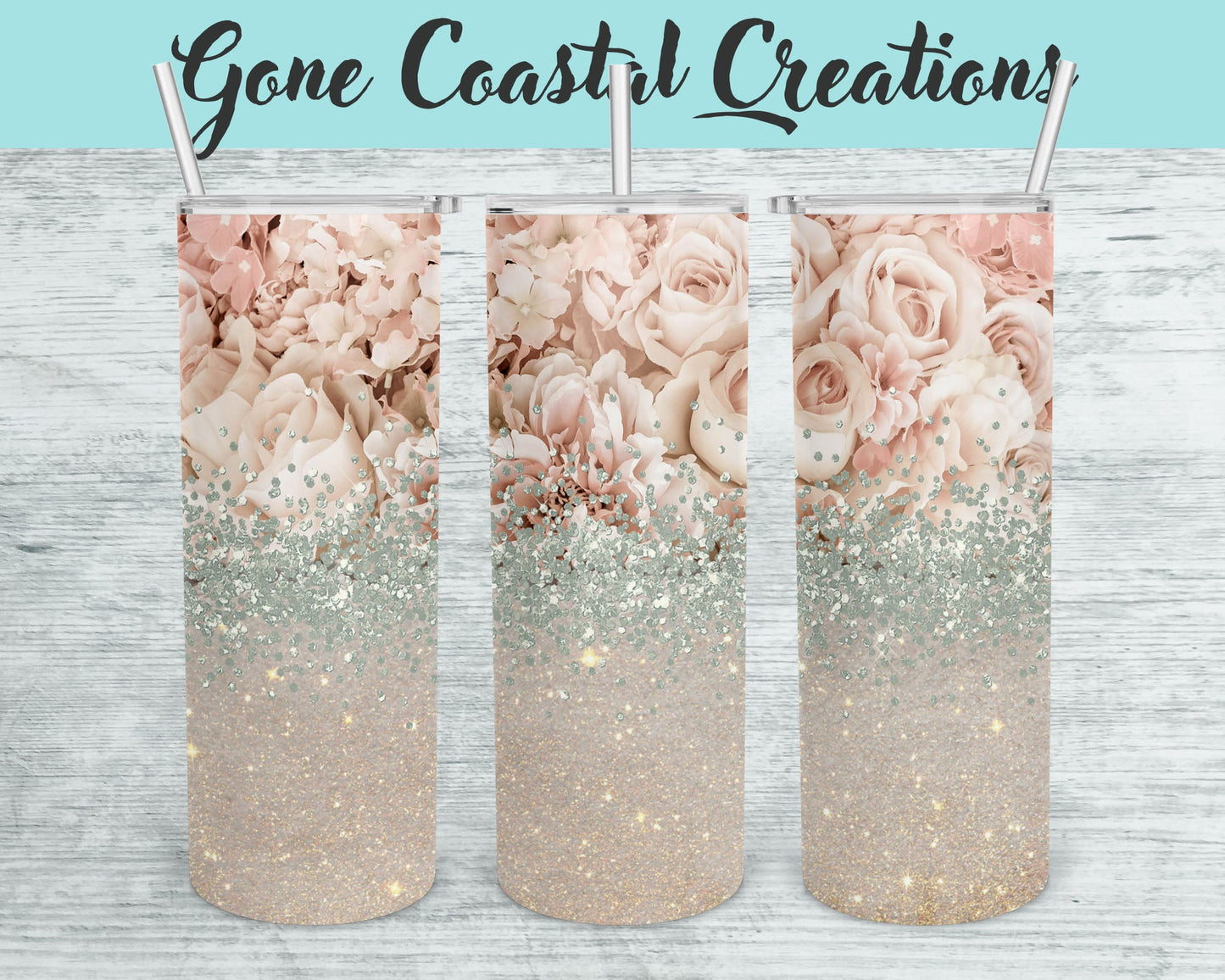 Dusty Rose Themed Floral Bouquet with Glitter Accented Tumbler - a unique gift this holiday - Gone Coastal Creations - Mugs & Tumblers