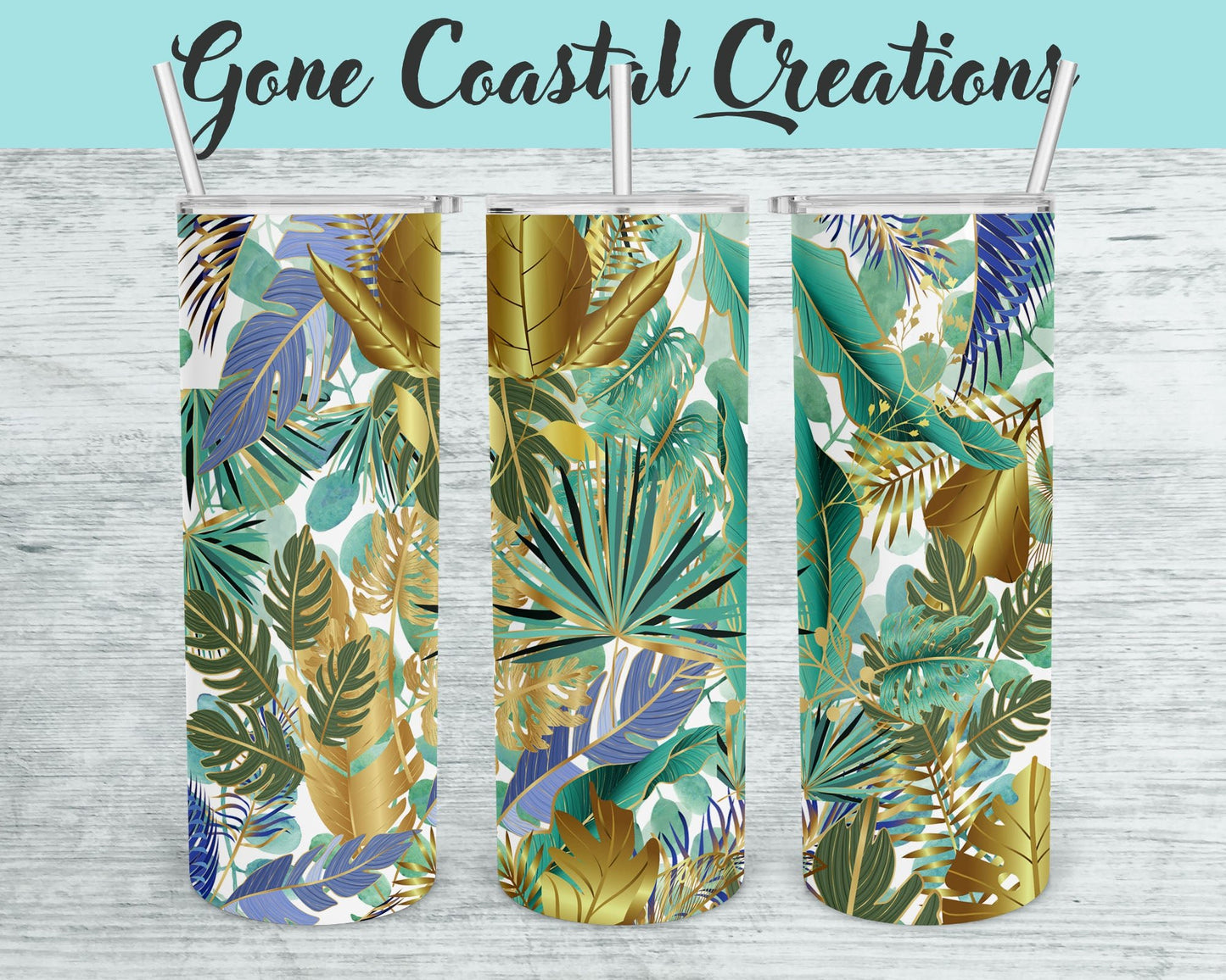 Gold and Green Ferns Tropical Themed Tumbler - a unique gift this holiday - Gone Coastal Creations - Mugs & Tumblers