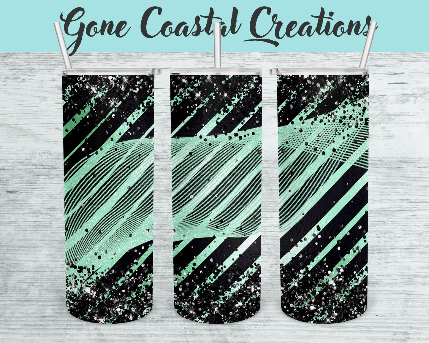 Green and Black Striped Pattern with Black Rhinestone Accent Tumbler - a unique gift this holiday - Gone Coastal Creations - Mugs & Tumblers