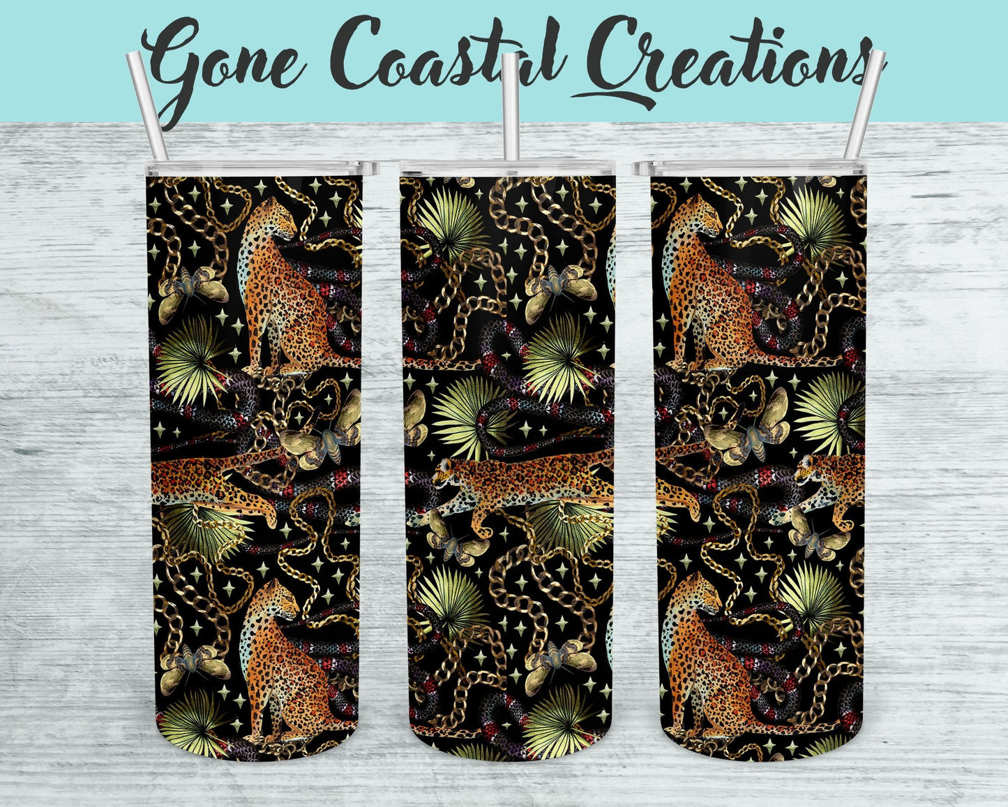 Leopard in Jungle with Gold Chain Patterned tumbler, gift for her, mothers day gift - Gone Coastal Creations - Mugs & Tumblers