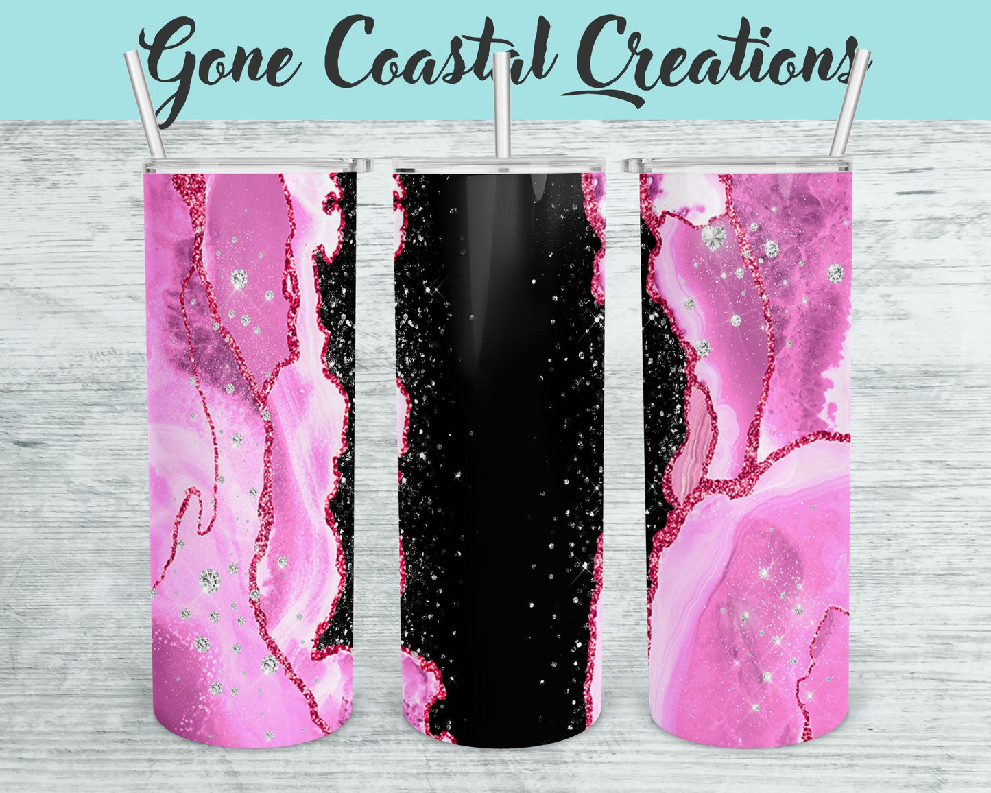 Light Pink and Black Geode Pattern with Diamond Accents Tumbler - a unique gift this holiday - Gone Coastal Creations - Mugs & Tumblers