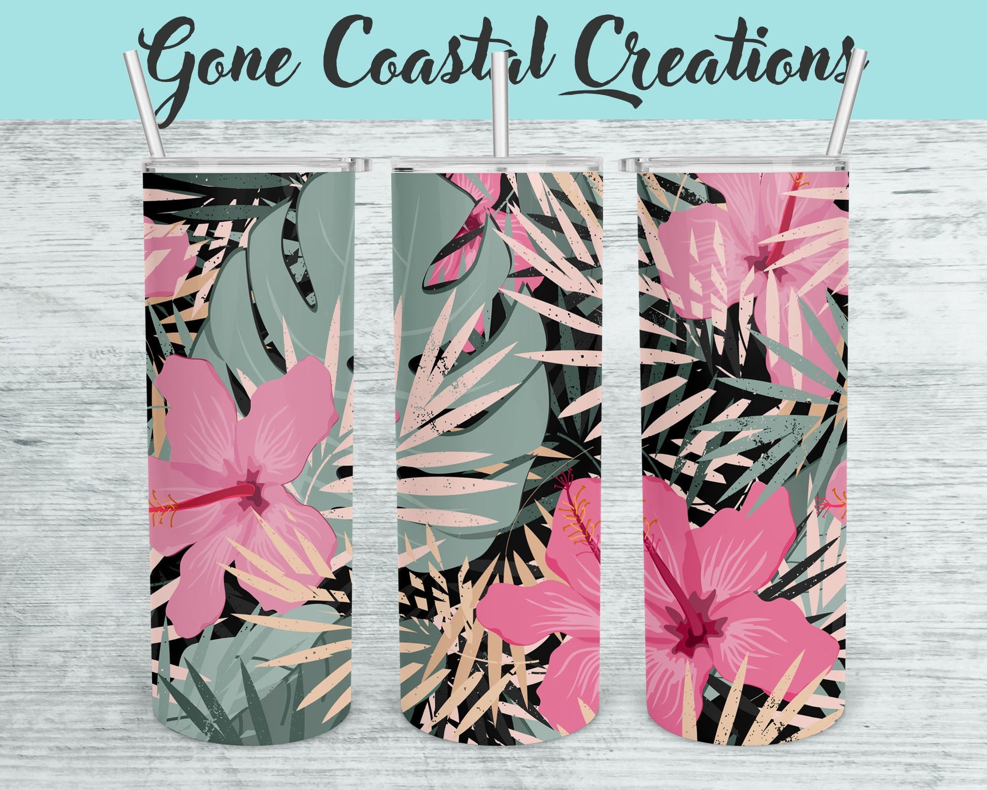 Light Pink Hibiscus and Fern Tropical Tumbler - a unique gift this holiday - Gone Coastal Creations - Mugs & Tumblers