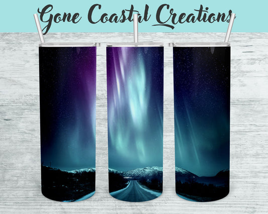 Northern Lights over Highway Themed Tumbler - a unique gift this holiday - Gone Coastal Creations - Mugs & Tumblers