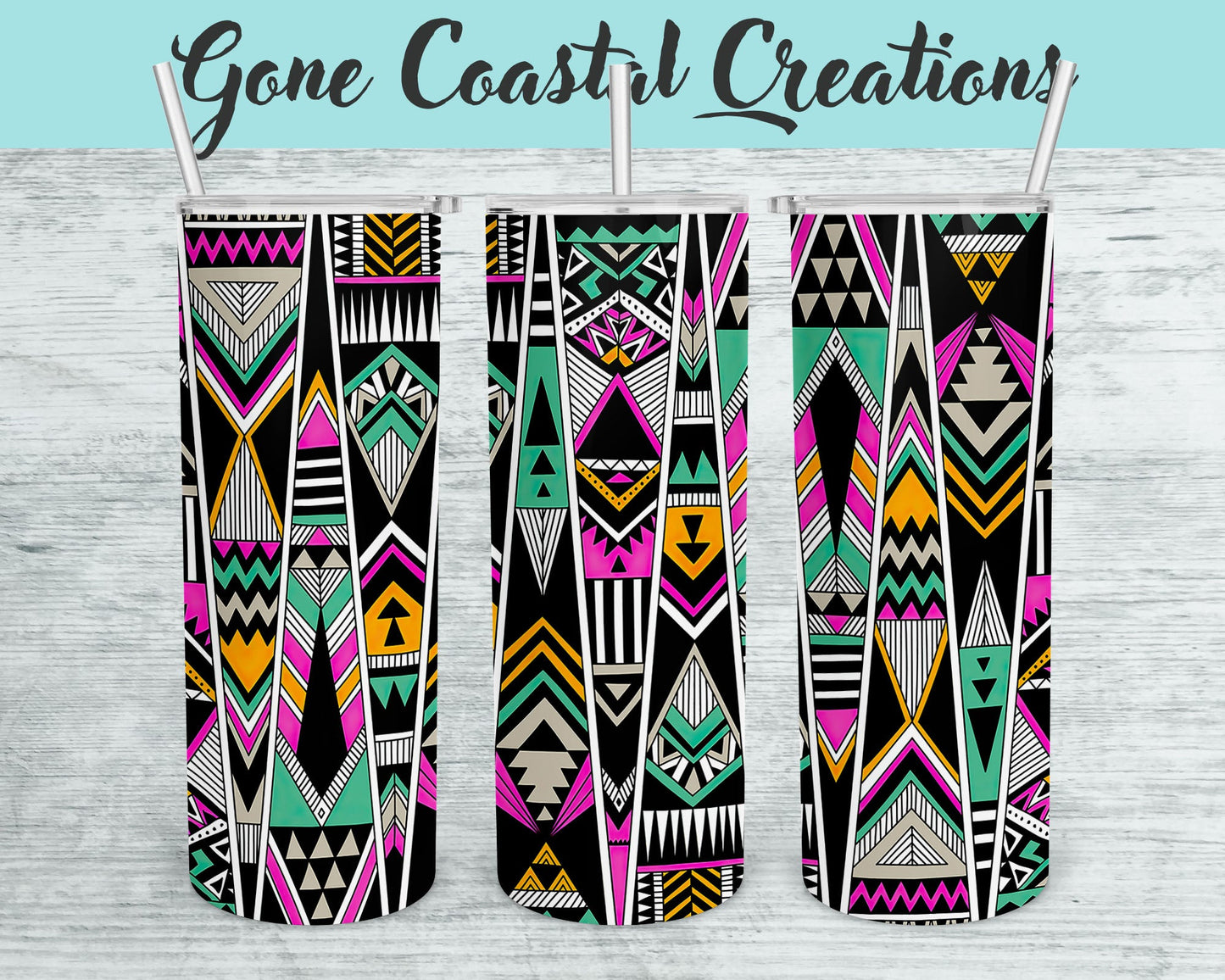 Pink Teal and Black Geometric pattern tumbler, gift for her, mothers day gift - Gone Coastal Creations - Mugs & Tumblers