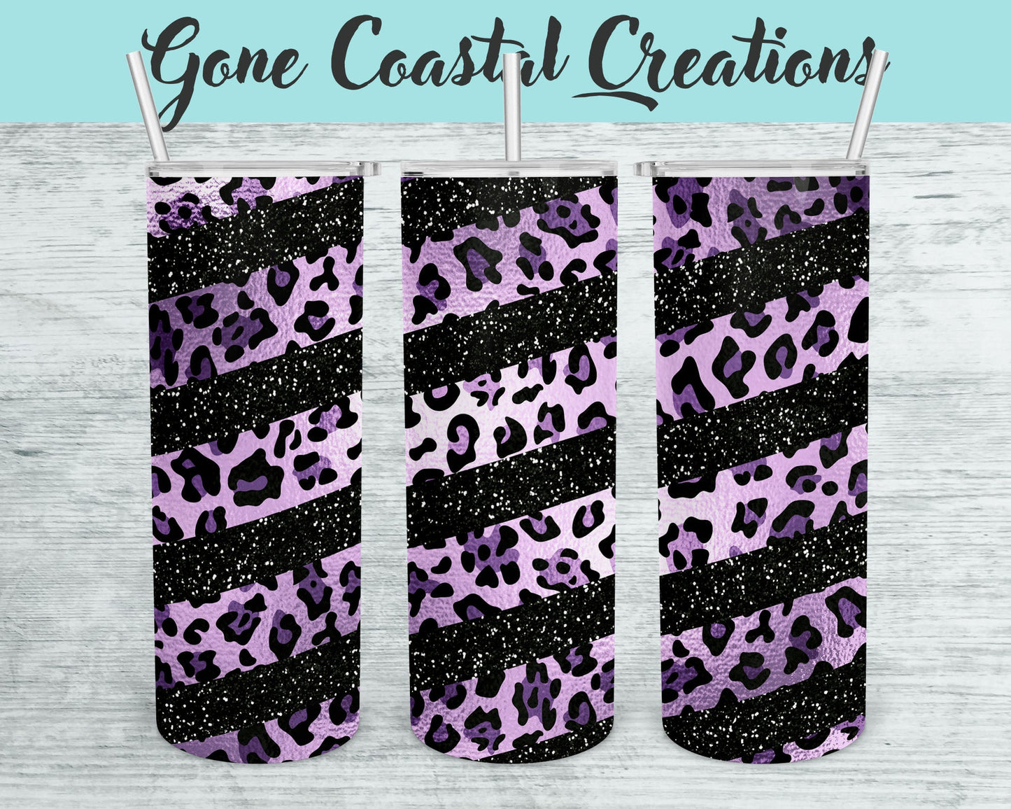 Purple Leopard Print and Black Glitter Striped Tumbler - a unique gift this holiday - Gone Coastal Creations - Mugs & Tumblers