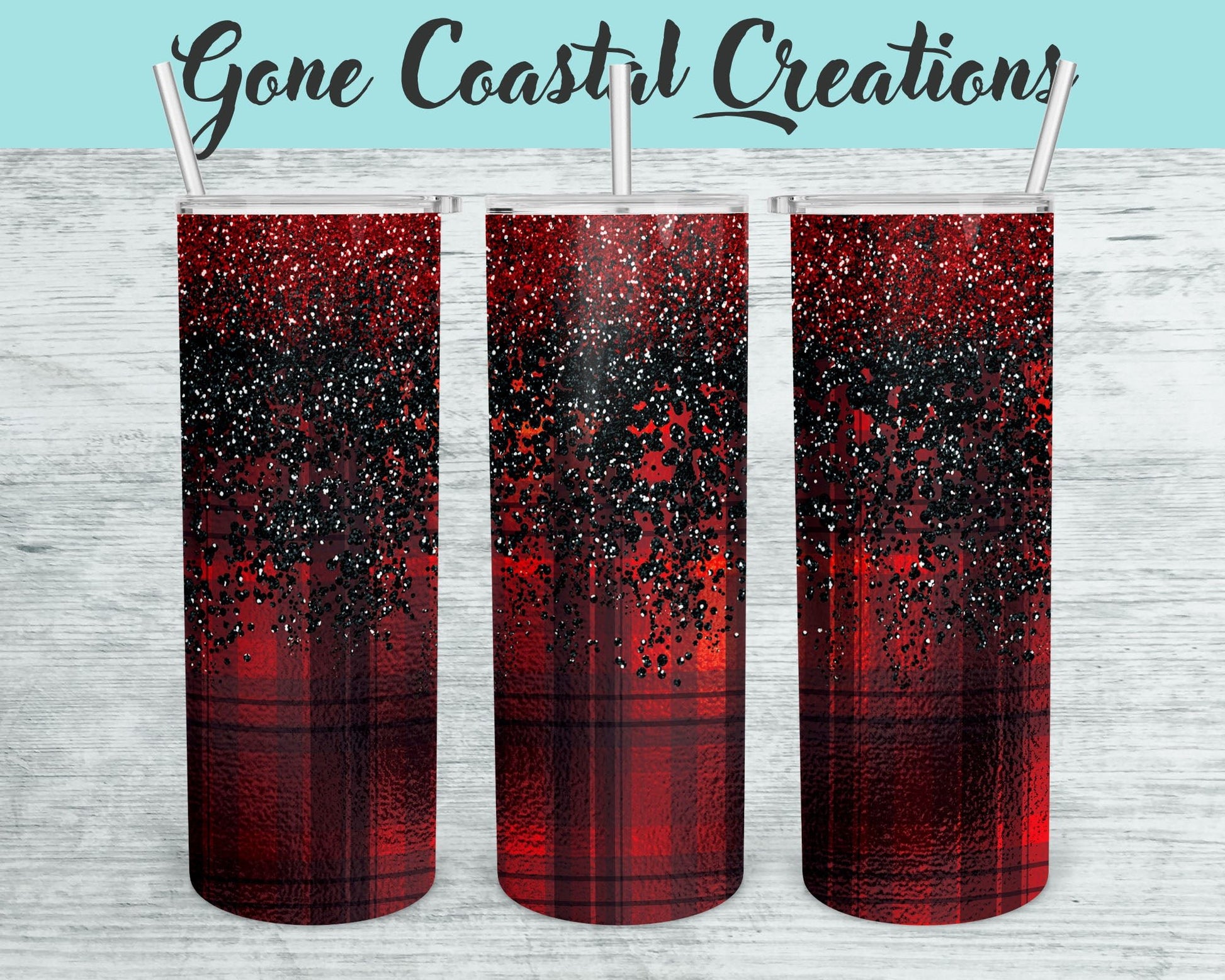 Red and Black Plaid with Glitter Accented Tumbler - a unique gift this holiday - Gone Coastal Creations - Mugs & Tumblers