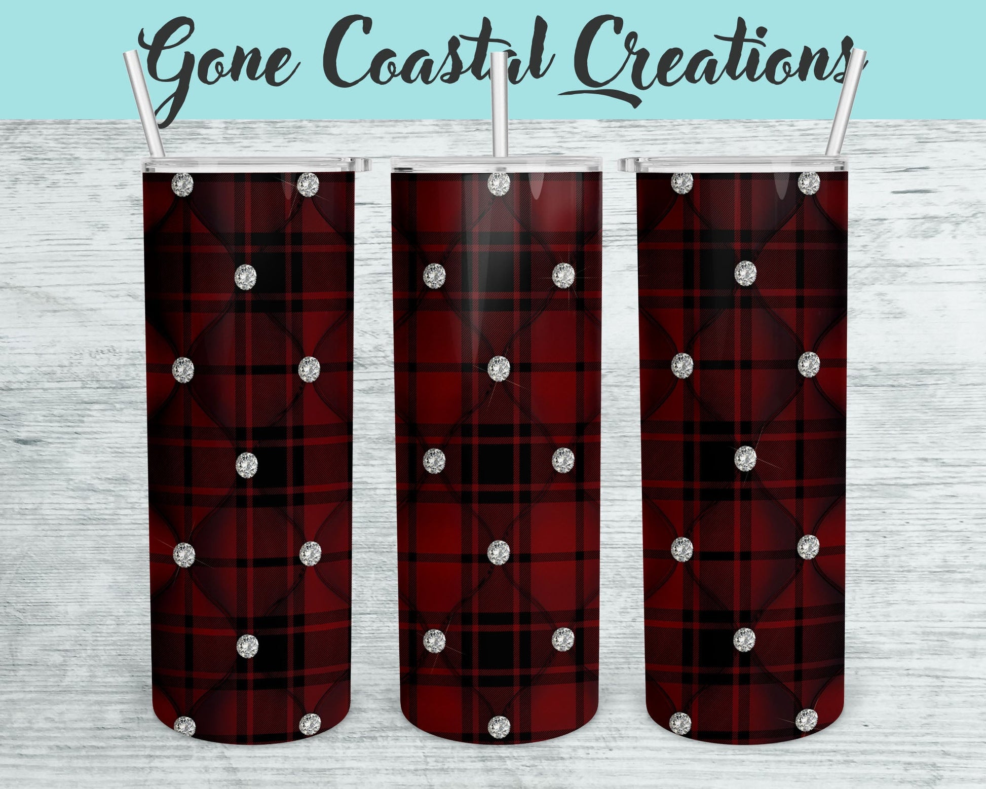 Red and Black Tufted Plaid Pattern with White Rhinestone Accents Tumbler - a unique gift this holiday - Gone Coastal Creations - Mugs & Tumblers