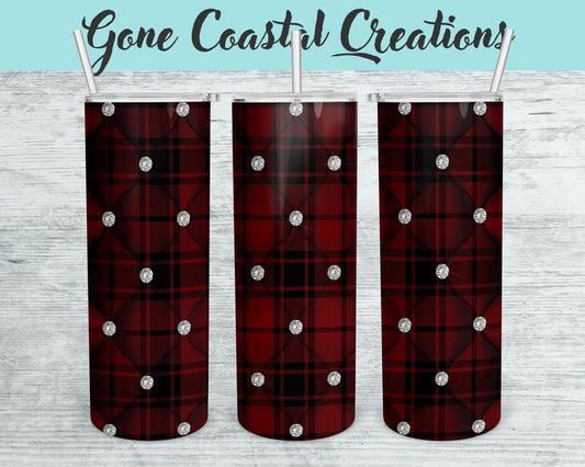 Red and Black Tufted Plaid Pattern with White Rhinestone Accents Tumbler - a unique gift this holiday - Gone Coastal Creations - Mugs & Tumblers