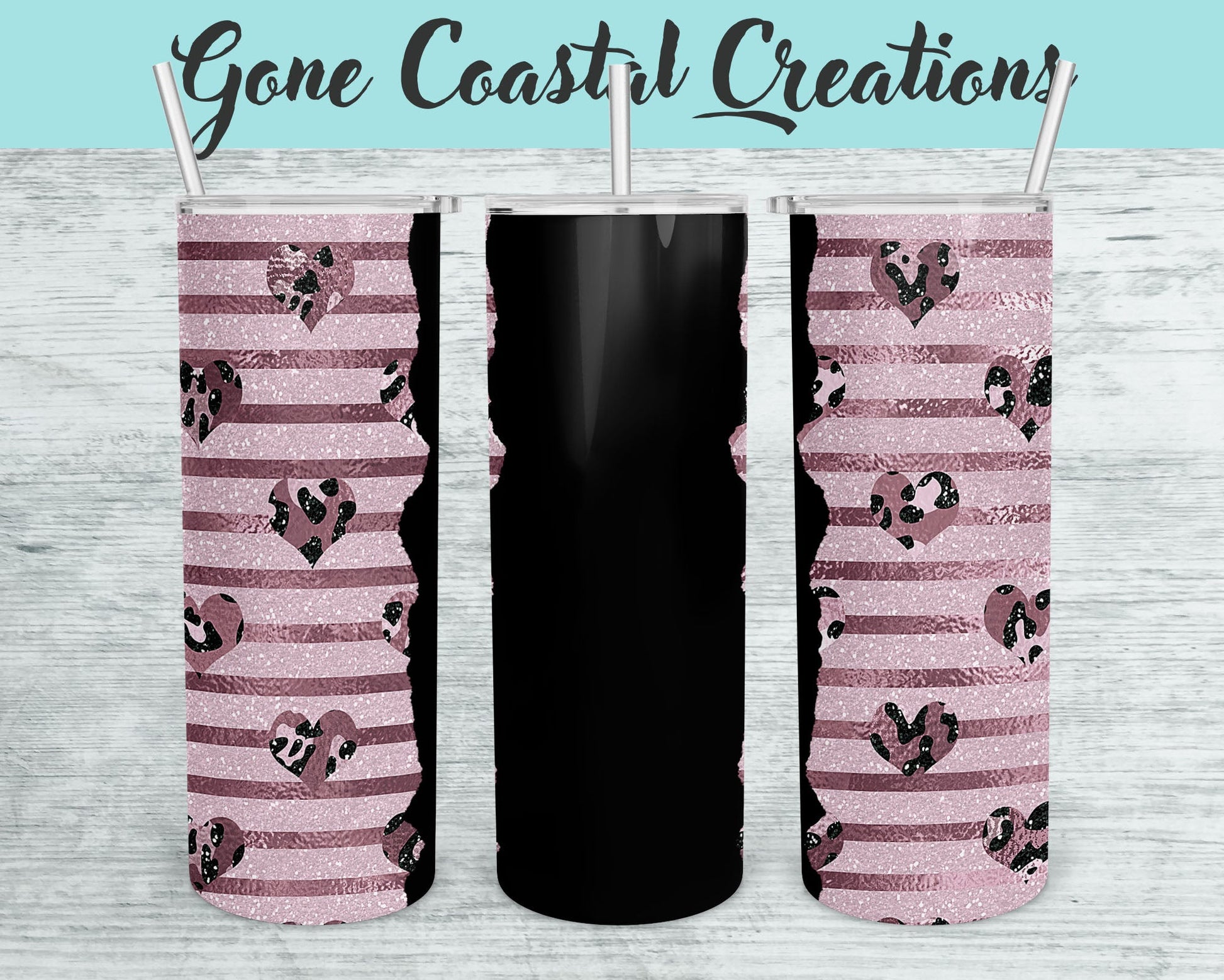 Shades of Pink Striped with Pink Leopard Print Hearts Pattern Tumbler - a unique gift this holiday - Gone Coastal Creations - Mugs & Tumblers