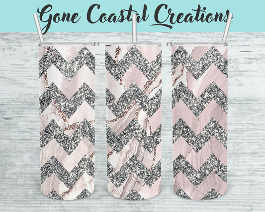 Silver Glitter Herringbone over Pink Geode Design Tumbler - a unique gift this holiday - Gone Coastal Creations - Mugs & Tumblers