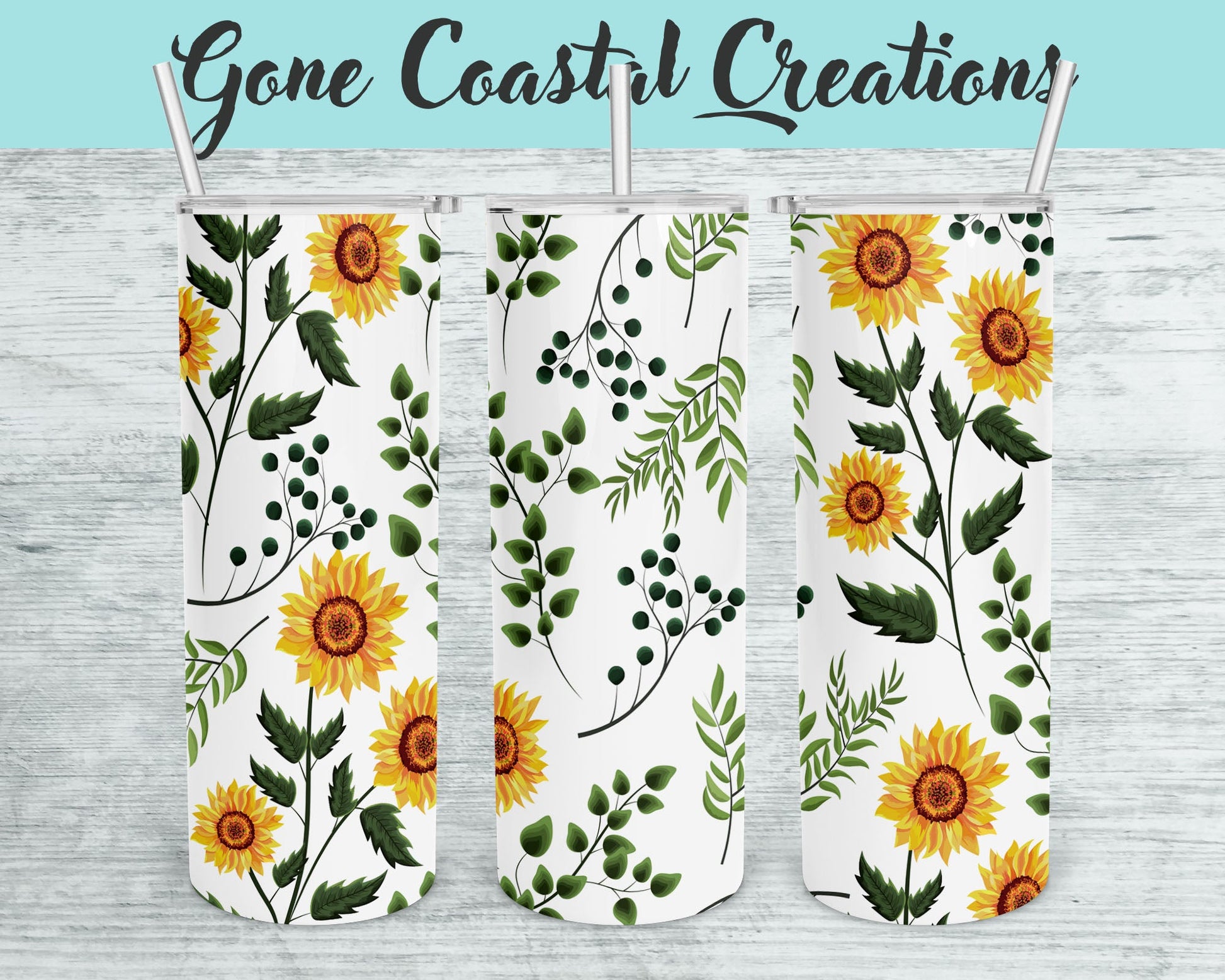 White and Green Sunflower Patterned Tumbler - a unique gift this holiday - Gone Coastal Creations - Mugs & Tumblers